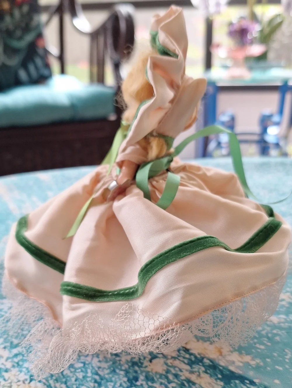 1940s Peach & Green Vintage Hollywood Doll with Bonnet